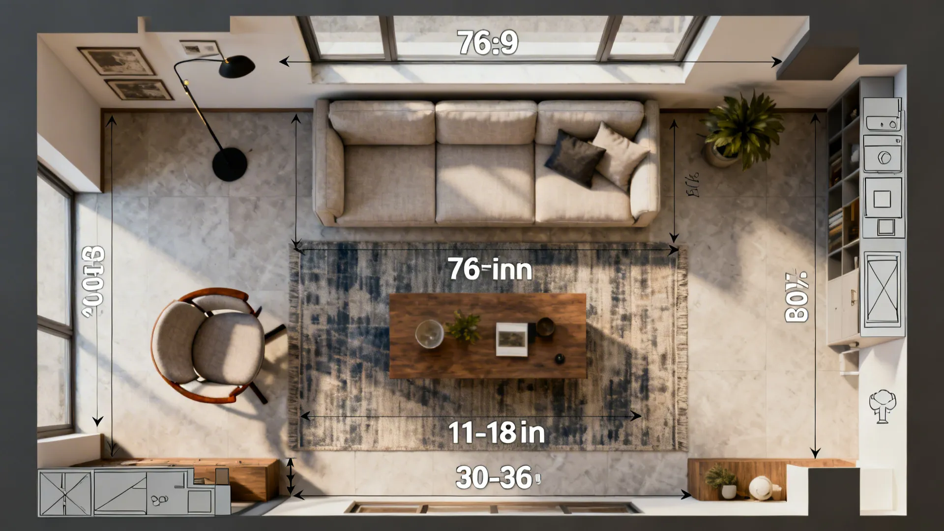 Top-down layout showing compact sofa and swivel chair with clear walkways.