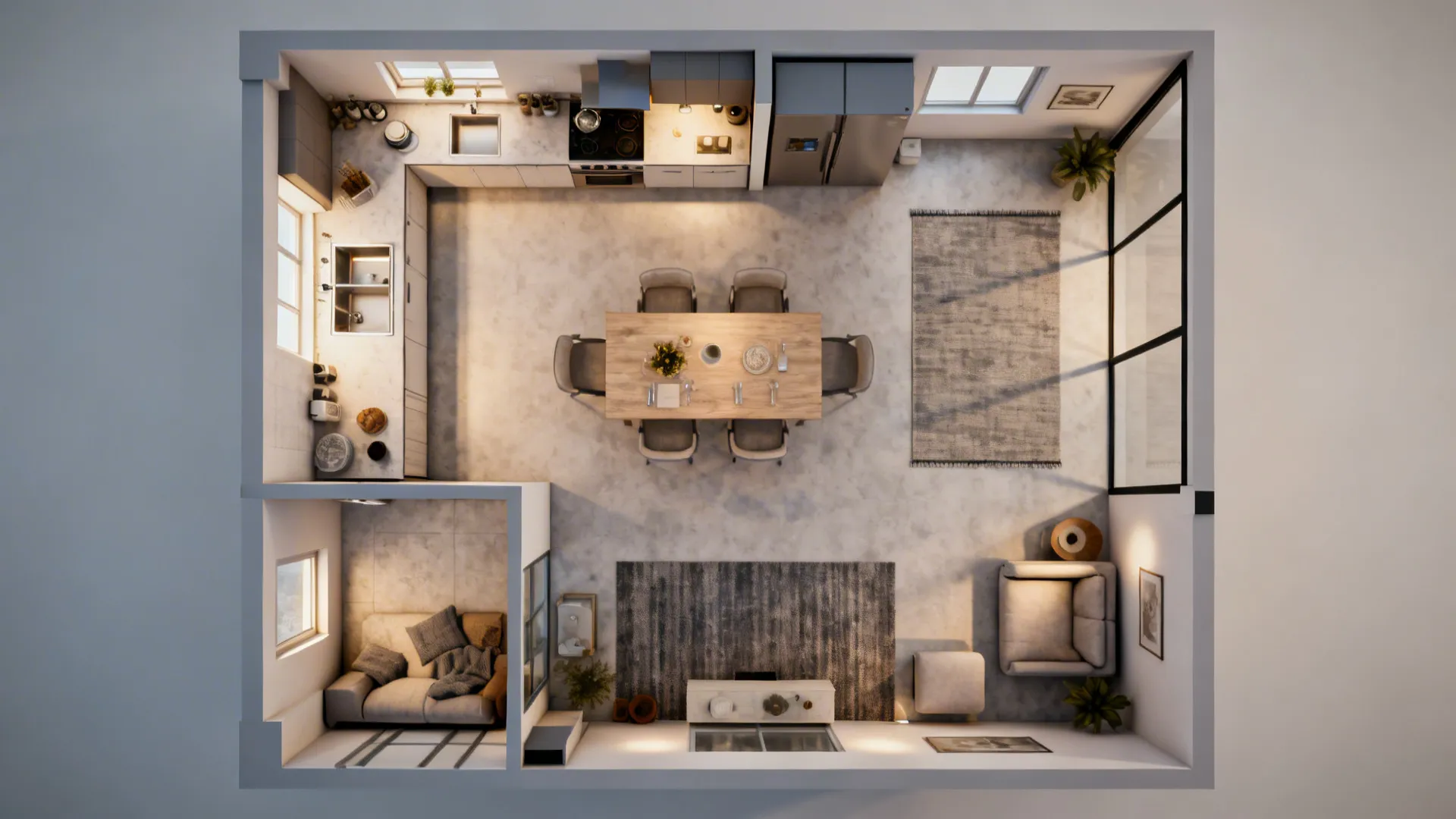 Top-down compact plan showing circulation, rug zoning, furniture divider, glass partition, and slider line.