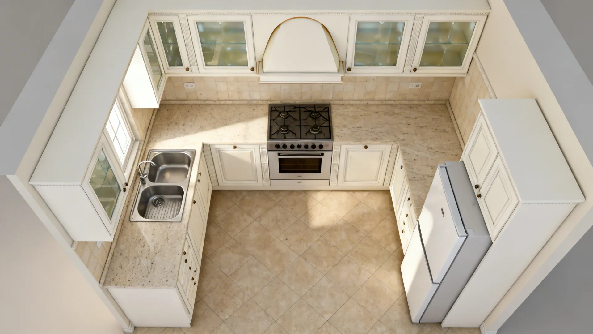 Top-down concept of a compact L-shaped or galley kitchen with clear work triangle and warm white finishes.