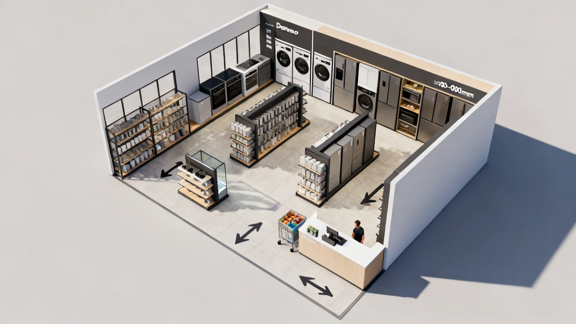 Interior design drawing showing appliance store layout with washing machines fridges and a white checkout counter