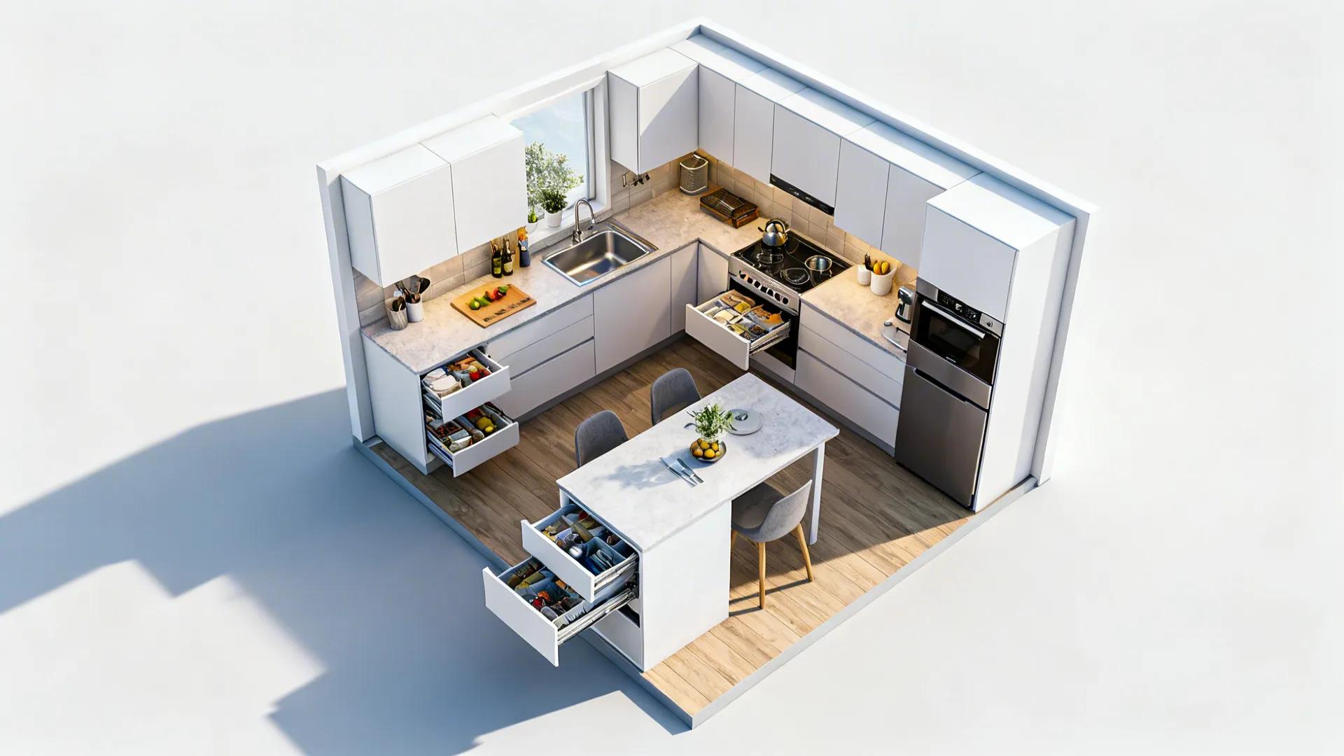 Top-down render of a compact 7x8 kitchen layout showing zones, island, and pull-out storage.