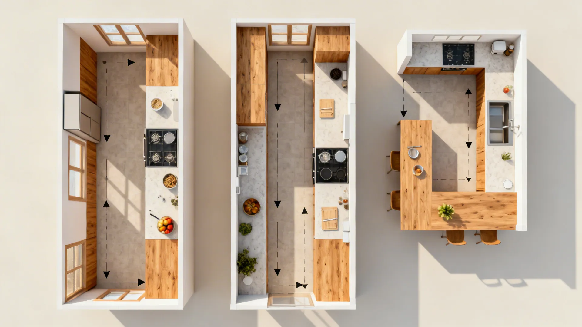 Top-down comparison of single-wall, galley, and L-shaped compact kitchen layouts.