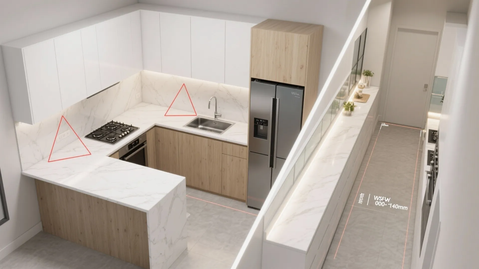 Kitchen interior design drawing showing work triangle and narrow hallway layout with marble and wood finishes