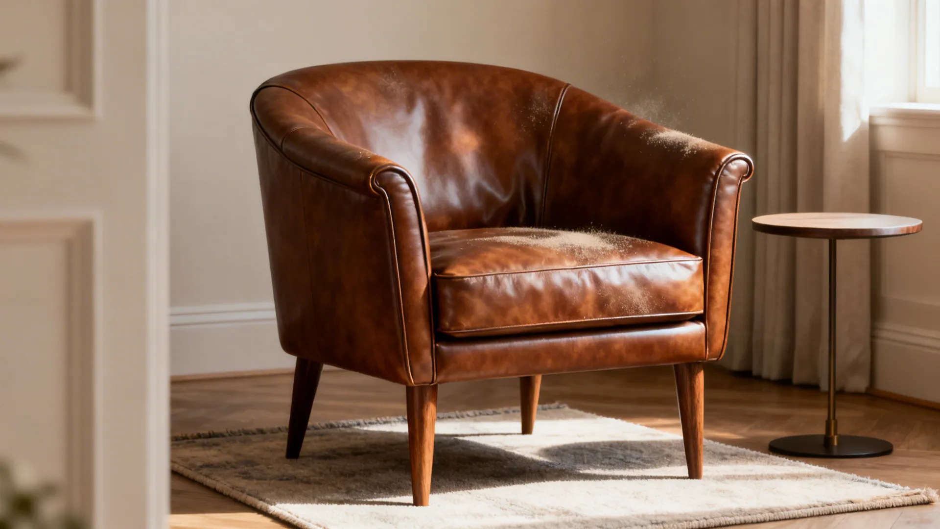 Compact brown leather club chair with tapered legs beside a small side table