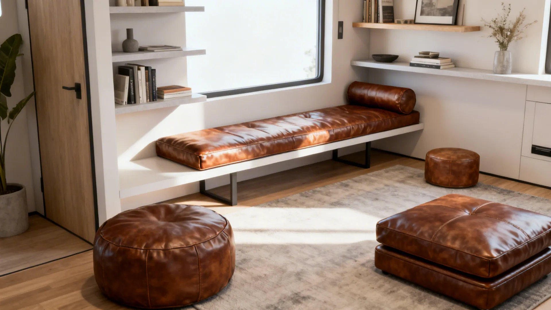 Brown leather bench under a window with matching footrest stools on a soft grey rug