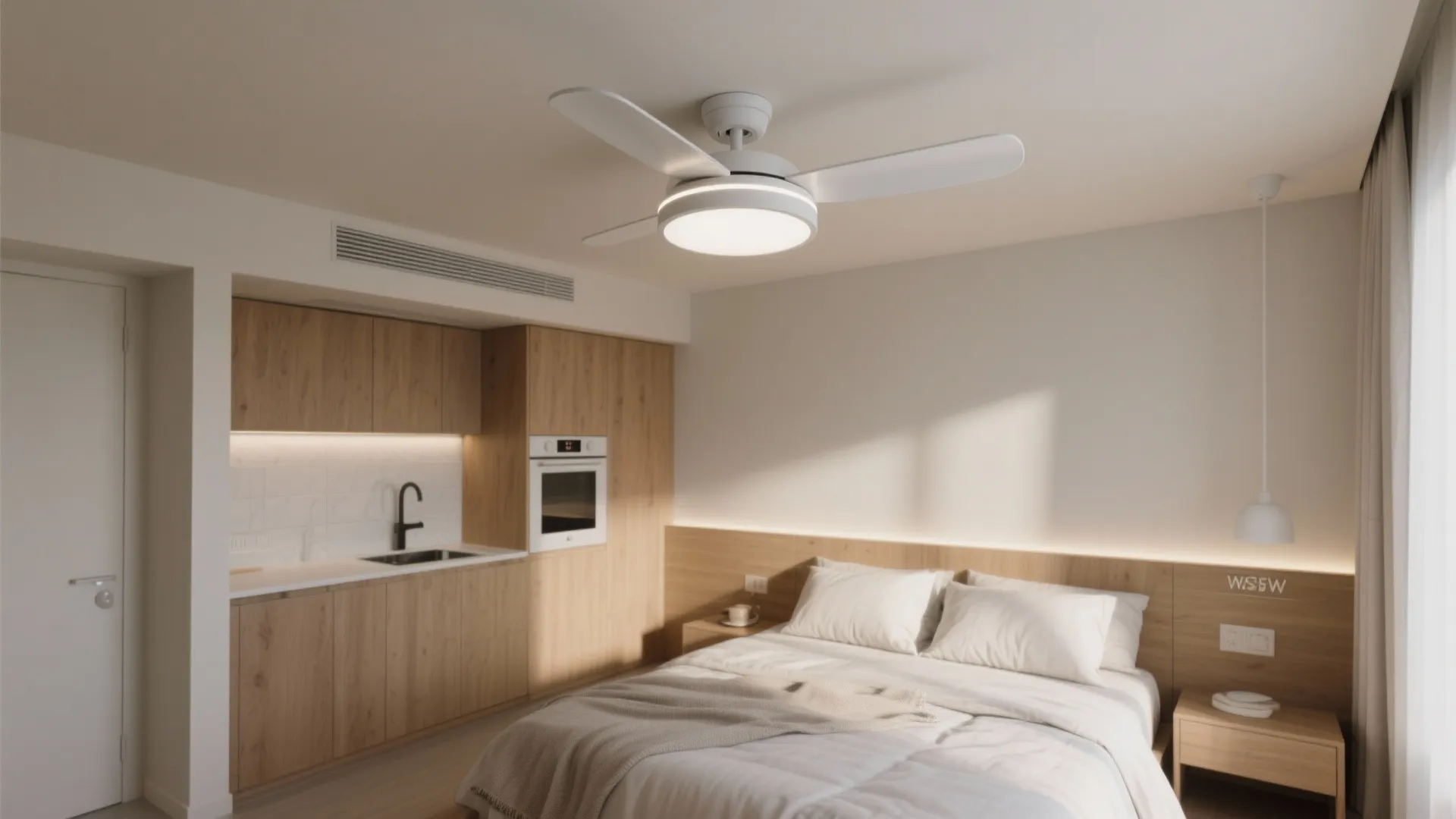 Small studio with a 32-inch flush-mount ceiling fan and integrated LED over living area.