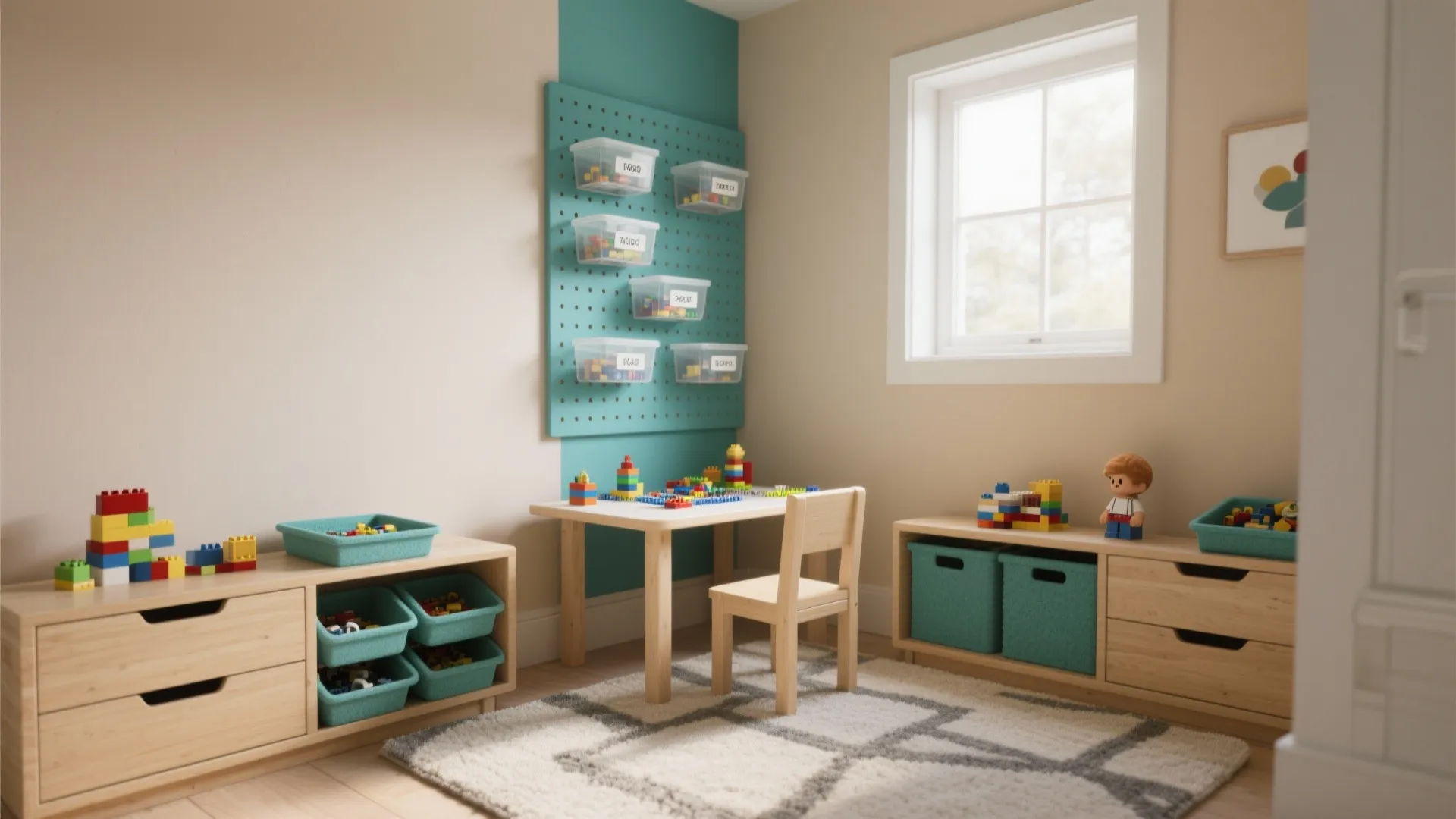 Kids play area with wooden table, chair, blue wall board, storage bins and building blocks
