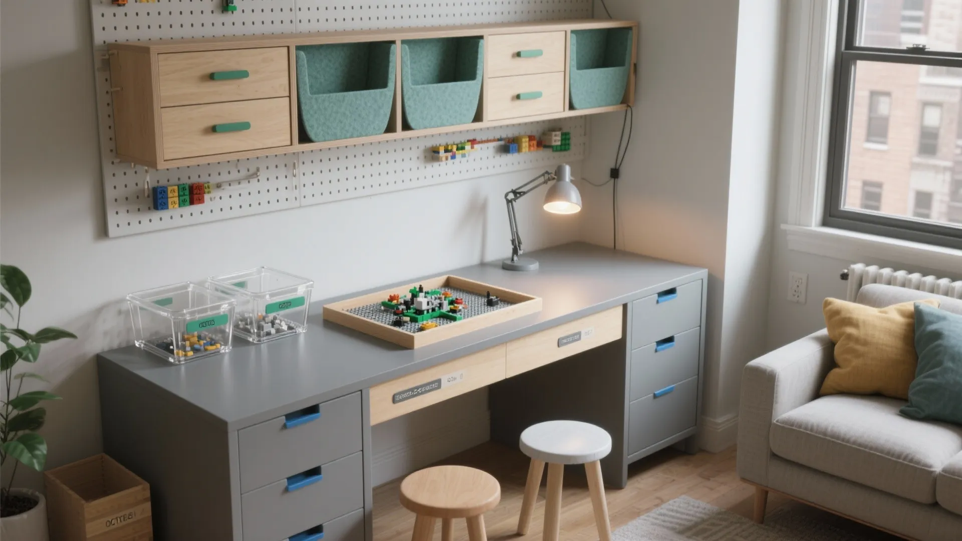 A gray wooden desk with drawers and building blocks tray near a sofa and window