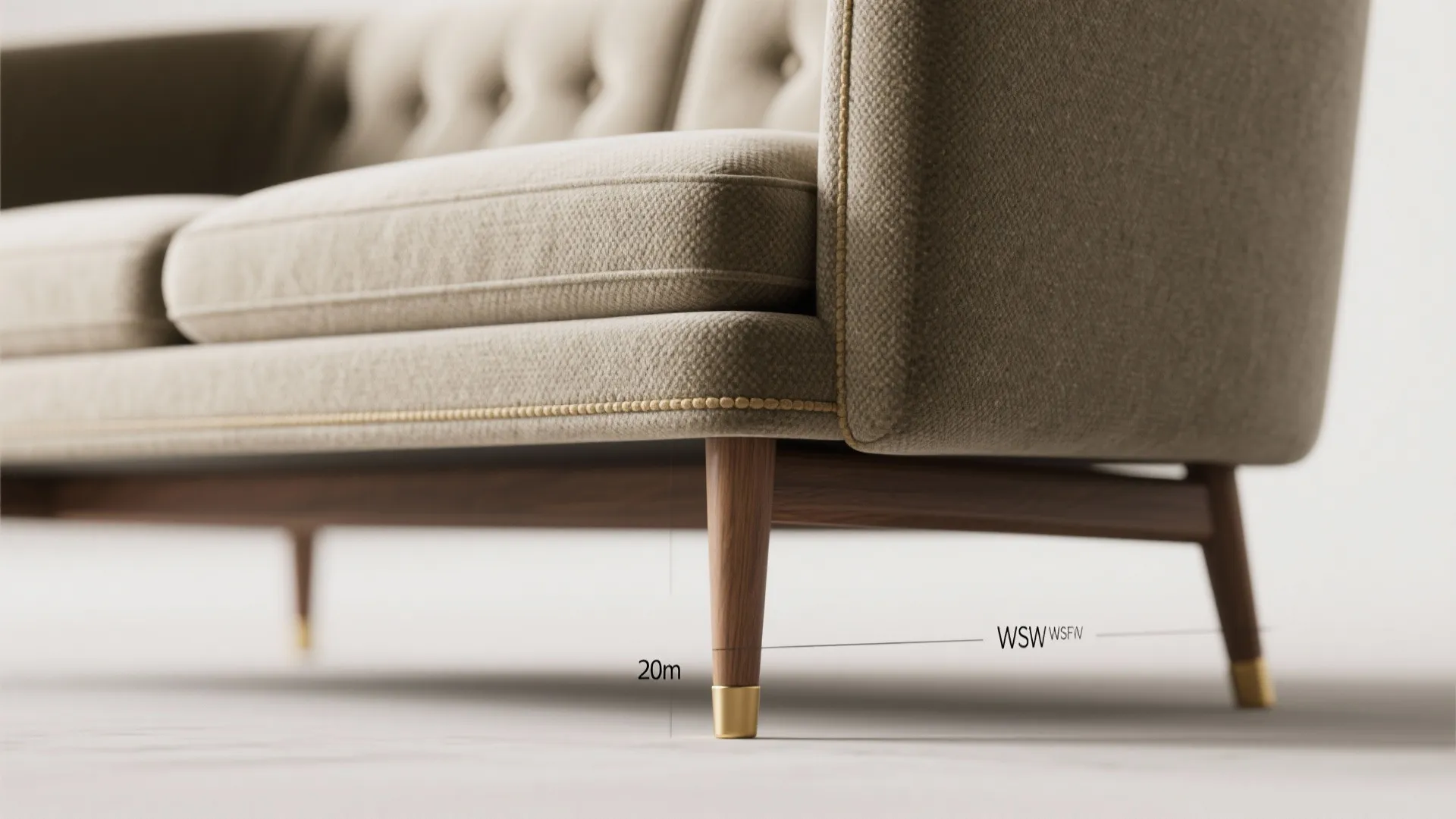 Close up of beige fabric sofa with wooden legs and gold tips including measurement labels
