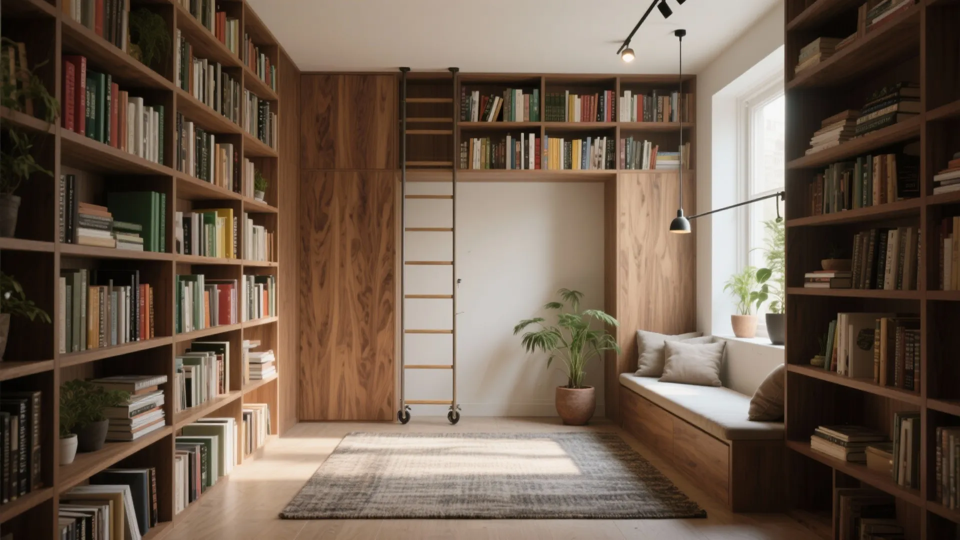 Large wooden home library with tall bookshelves and a rolling ladder plus a cozy seat