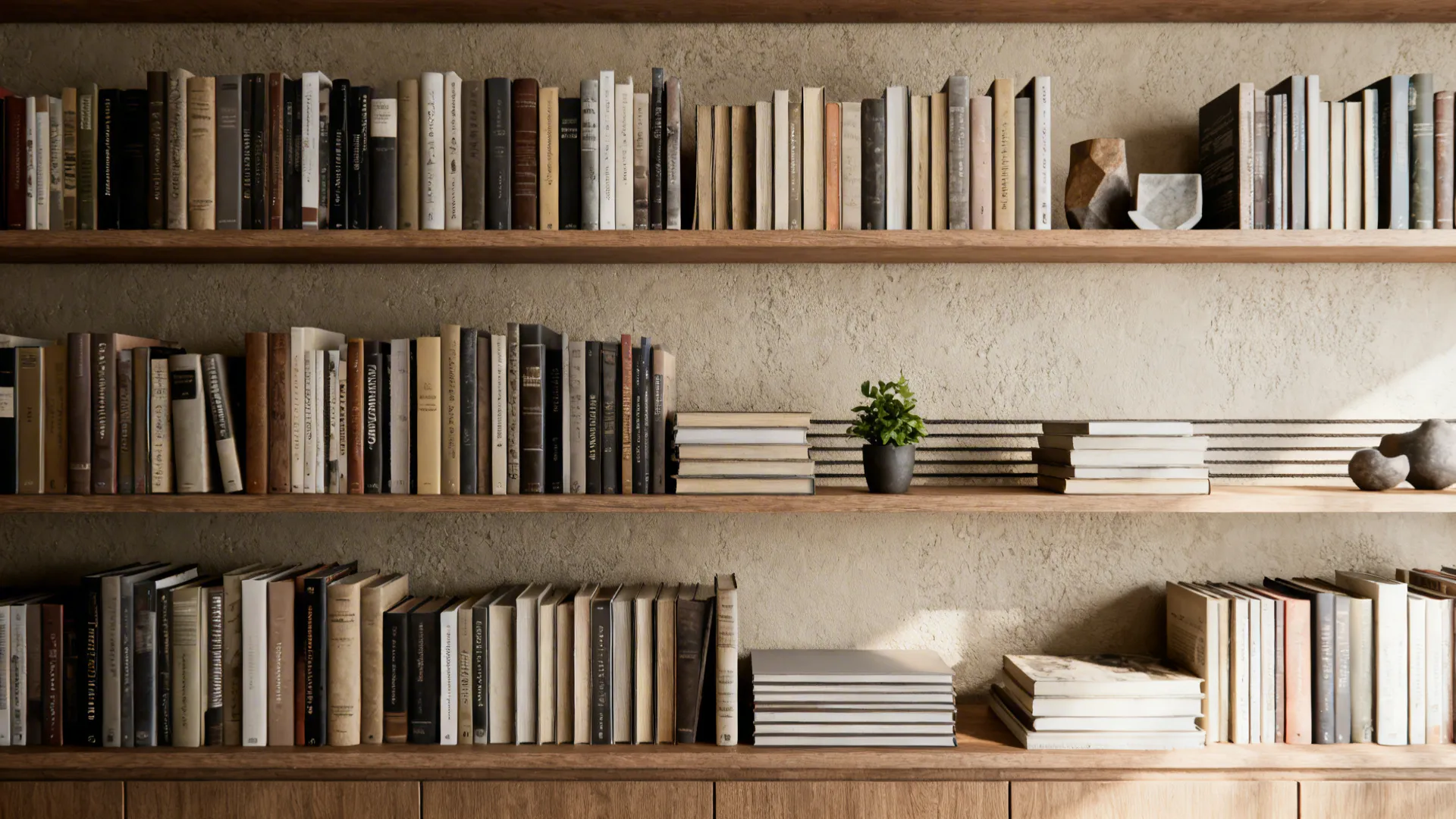 Compact bookshelf wall with curated objects and plants for a professional backdrop