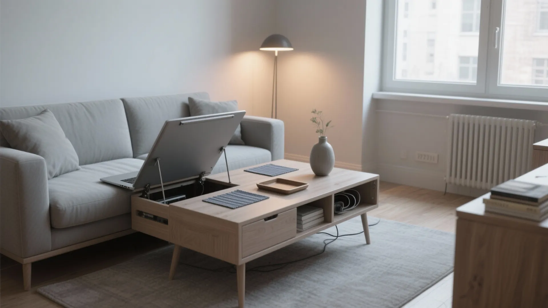 Modern living room with grey sofa and light wood coffee table featuring a lift top