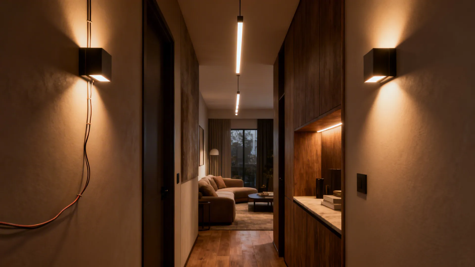 Linear pendant and adjustable wall sconces providing layered lighting in a narrow living room.