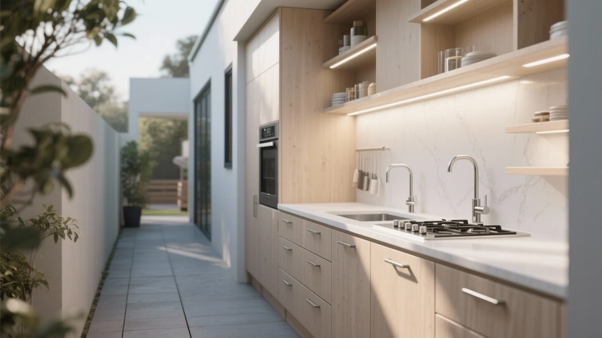 4. Compact Linear Kitchen for Narrow Patios