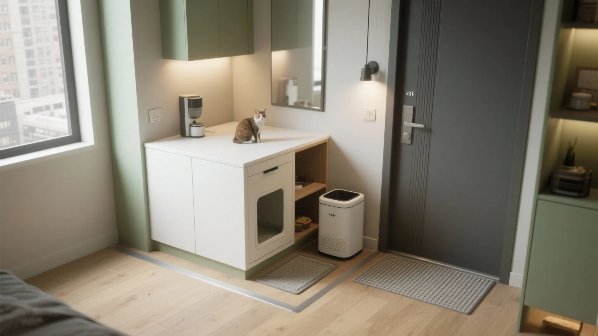 Modern interior with white cabinet, cat litter box, coffee machine, air purifier, and grey door