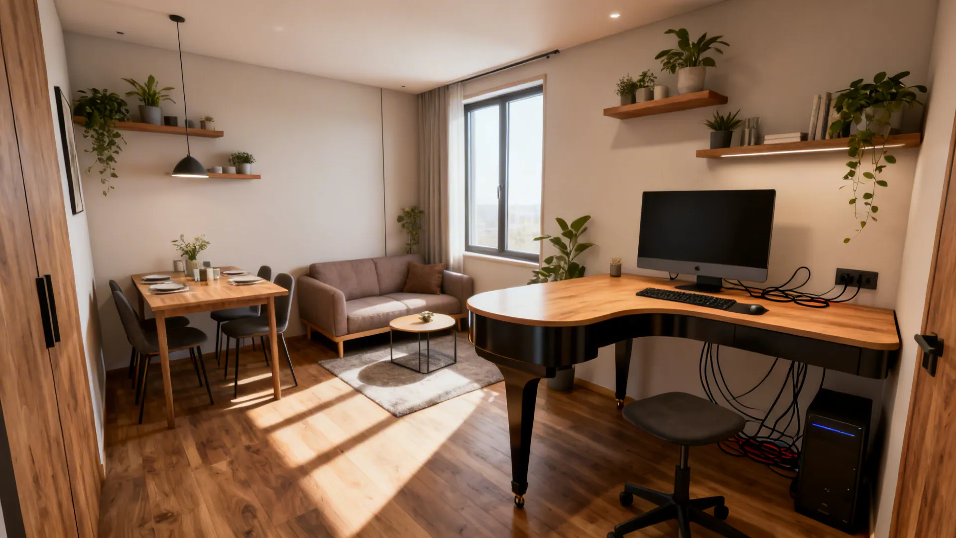 Small living room featuring a piano shaped desk grey sofa wooden dining table and shelves