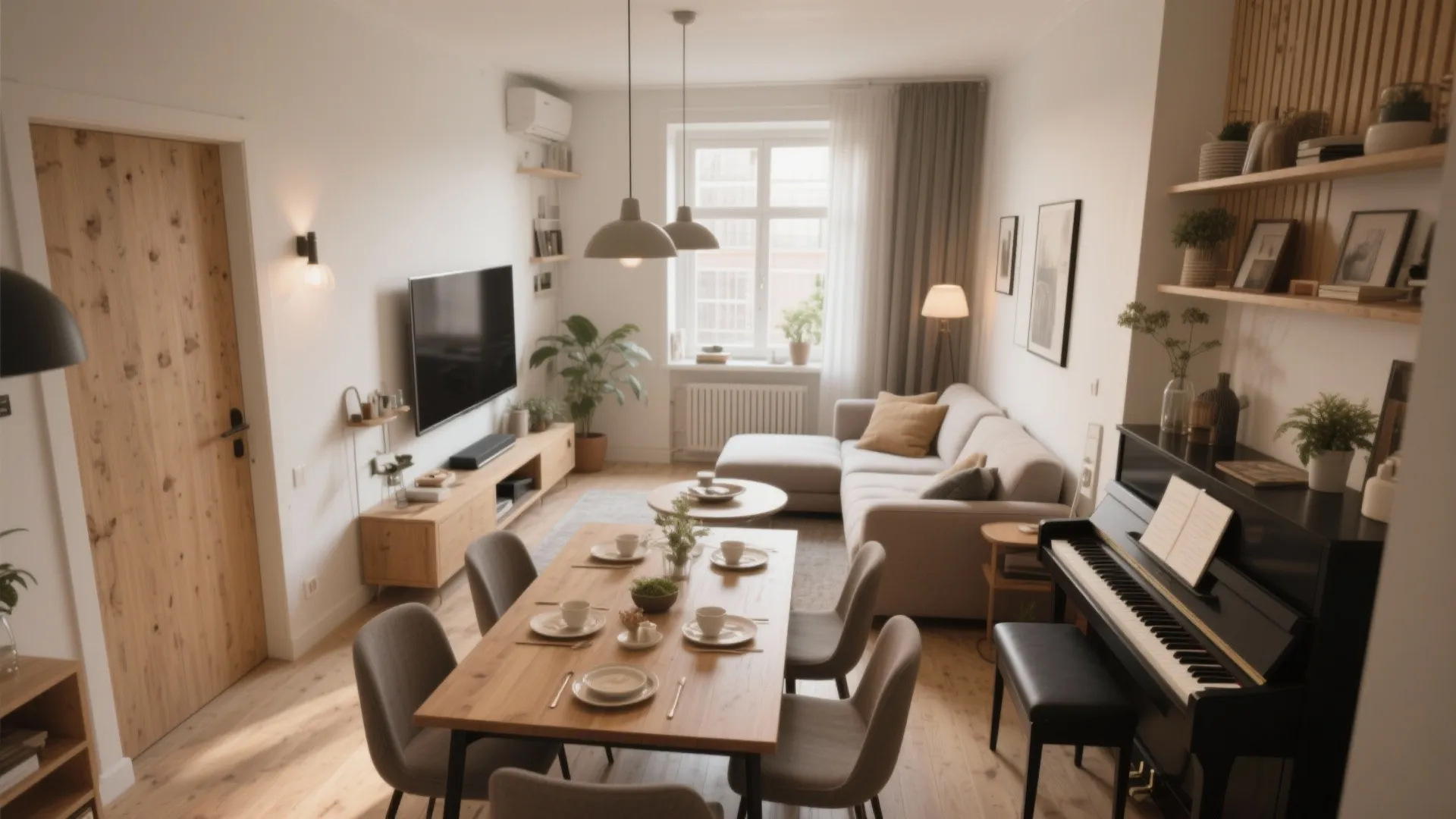 Open plan living and dining room featuring wooden table sofa piano and grey ceiling light