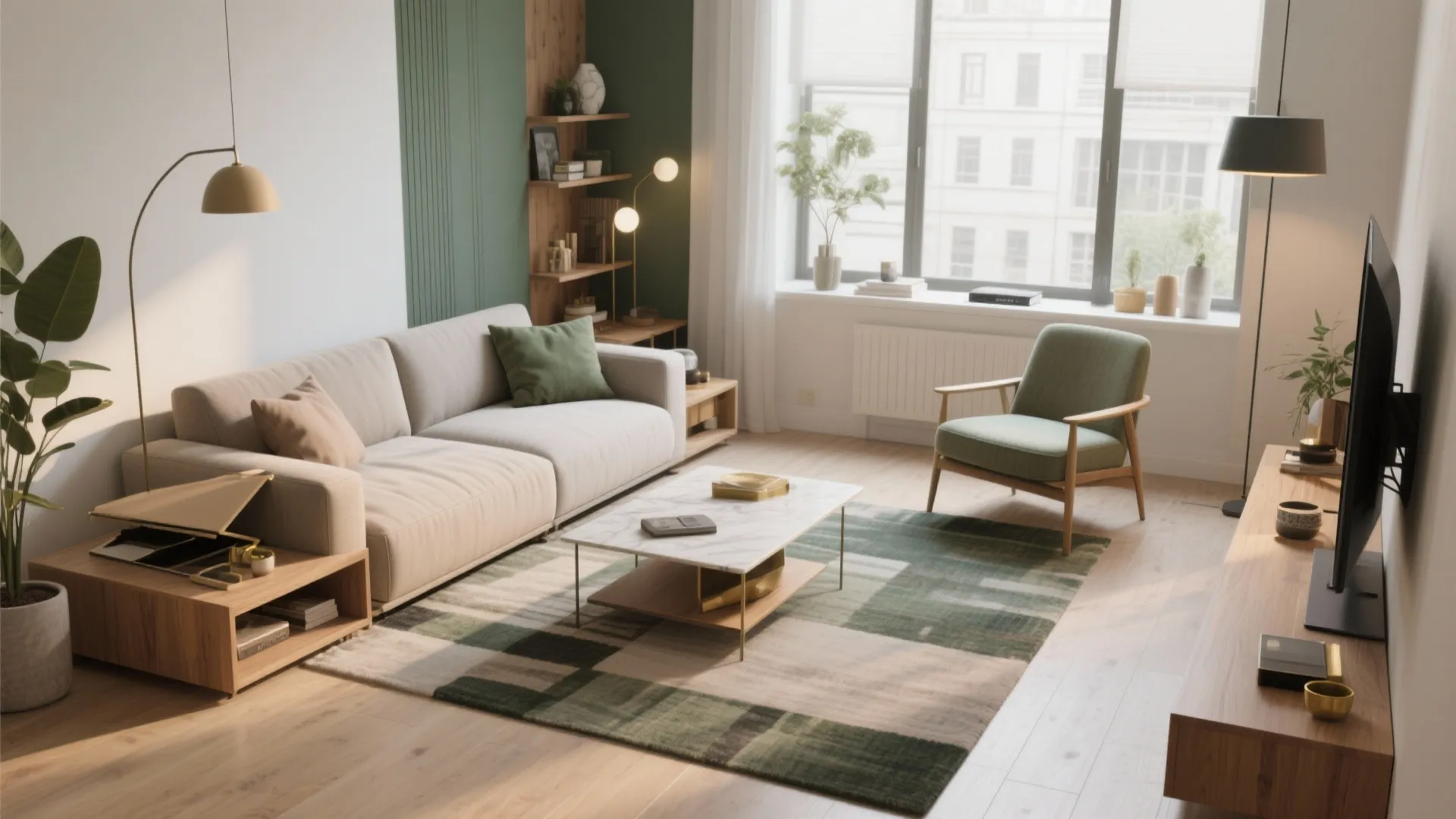 Modern living room featuring beige sofa green armchair marble coffee table patterned rug and natural light