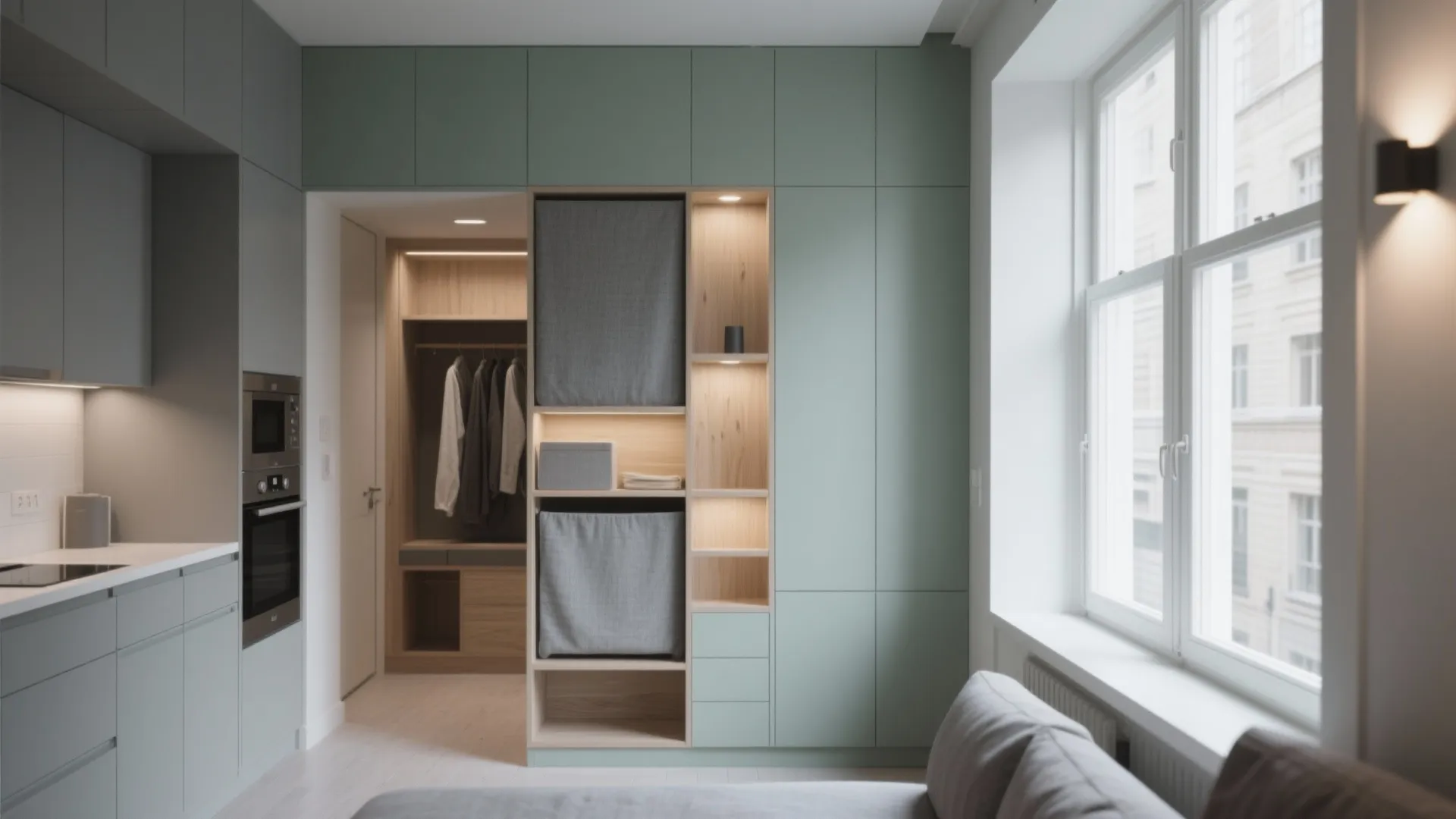 Modern compact apartment with green storage cabinets, wooden shelves, grey sofa, and natural light window