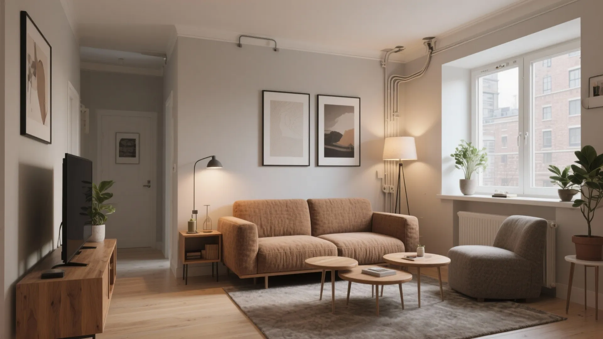 Modern living room with brown sofa wooden coffee tables floor lamp television and large bright window