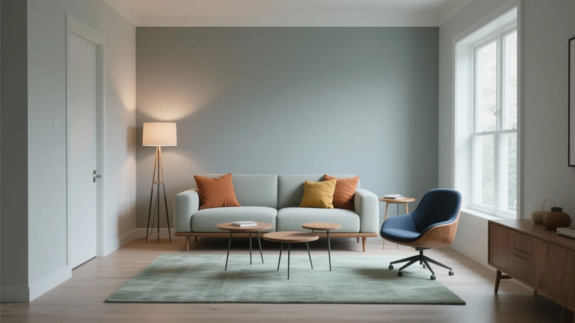 Modern living room with grey sofa, colorful cushions, floor lamp, coffee tables, and blue chair