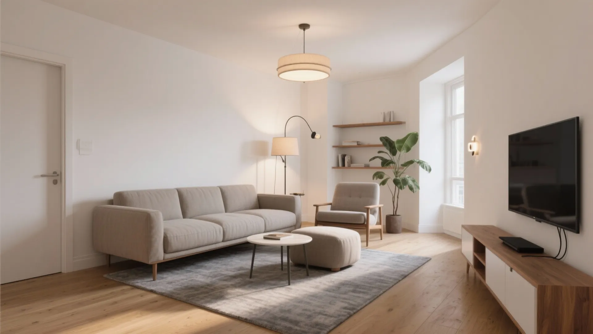 Modern living room with grey sofa wooden floor ceiling light floor lamp and television wall