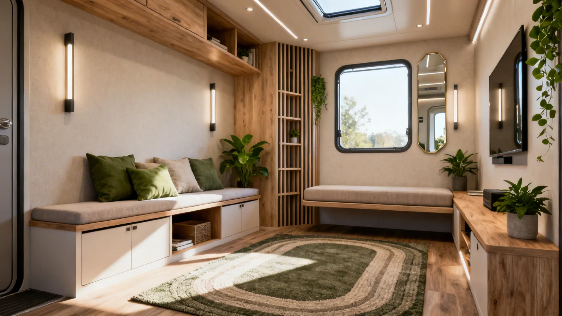 Small room interior featuring wooden bench green pillows wall lights mirror window and green rug