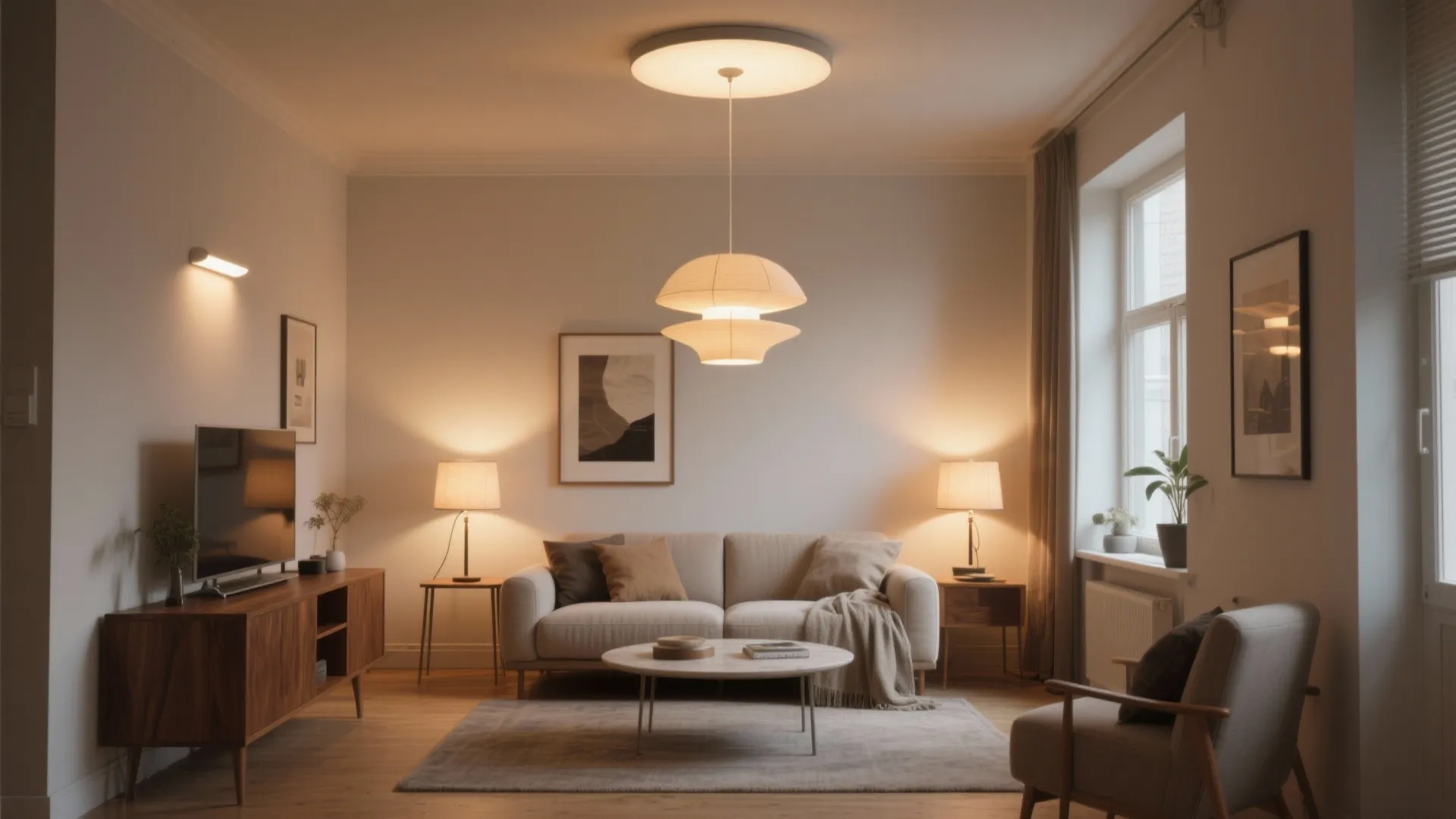 Living room interior design with beige sofa, round coffee table, warm ceiling light and cabinet