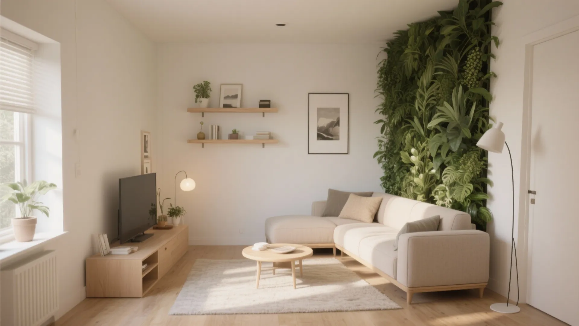 Compact living room with beige sofa green plant wall wooden shelves and natural window light