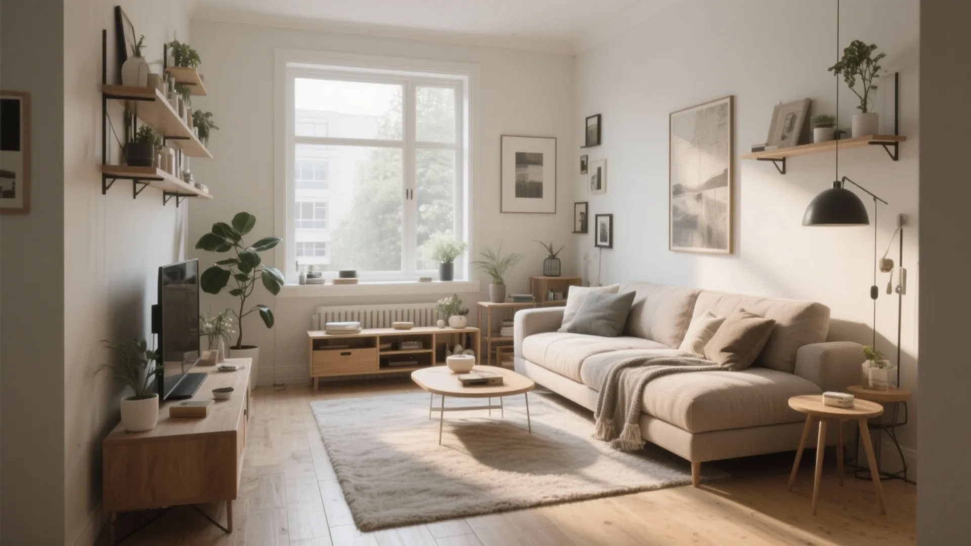 Bright living room with cream sofa wooden coffee table wall shelves green plants and natural window
