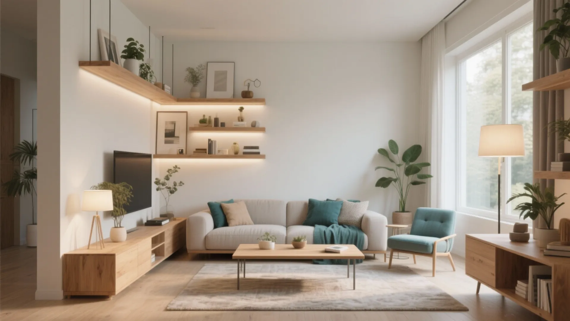 Bright living room with white sofa teal armchair wooden wall shelves and large glass windows