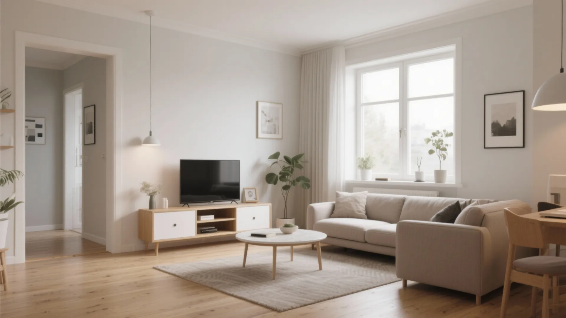 Minimalist living room with a beige sofa round coffee table wooden floor and white walls