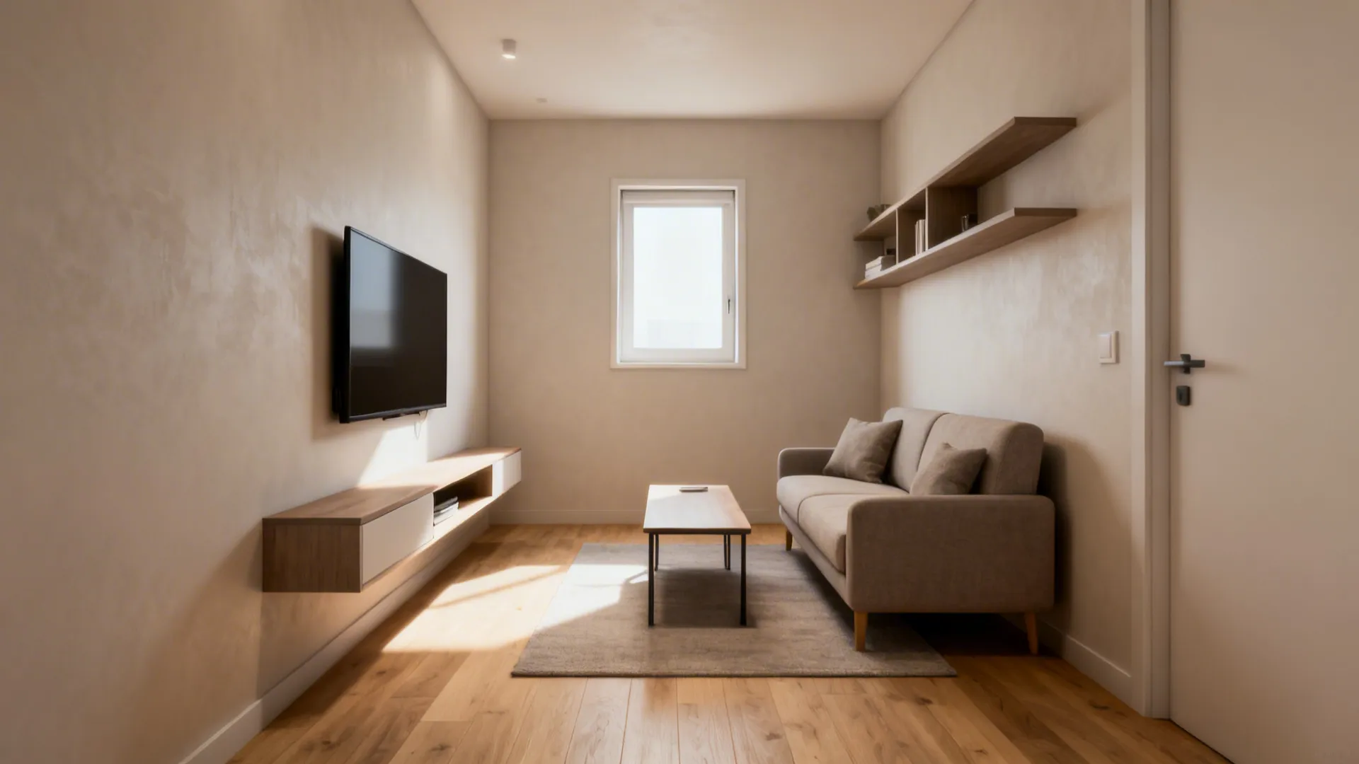 Compact 10x12 ft living room with loveseat, slim TV console and wall shelves emphasizing open circulation