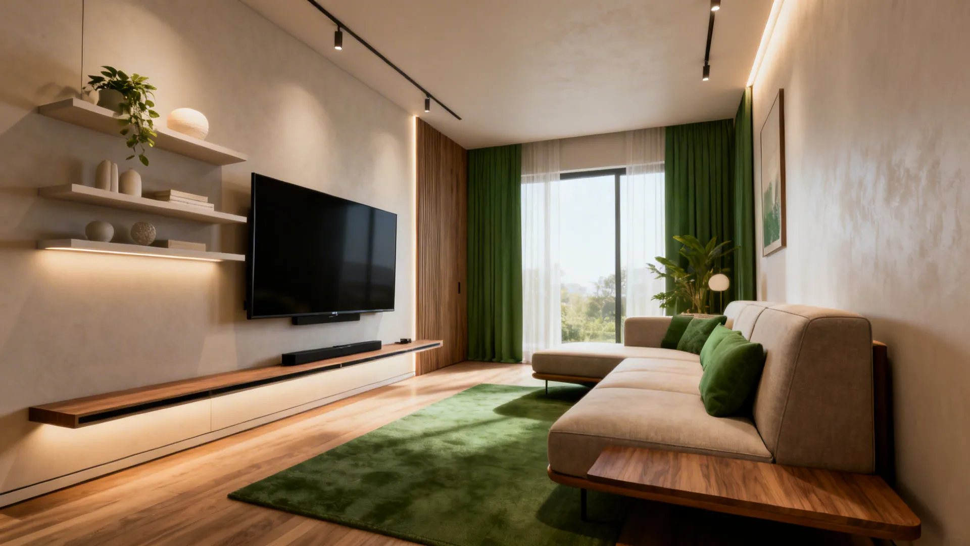 Modern living room with a green rug beige sofa wall mounted television and wood floors