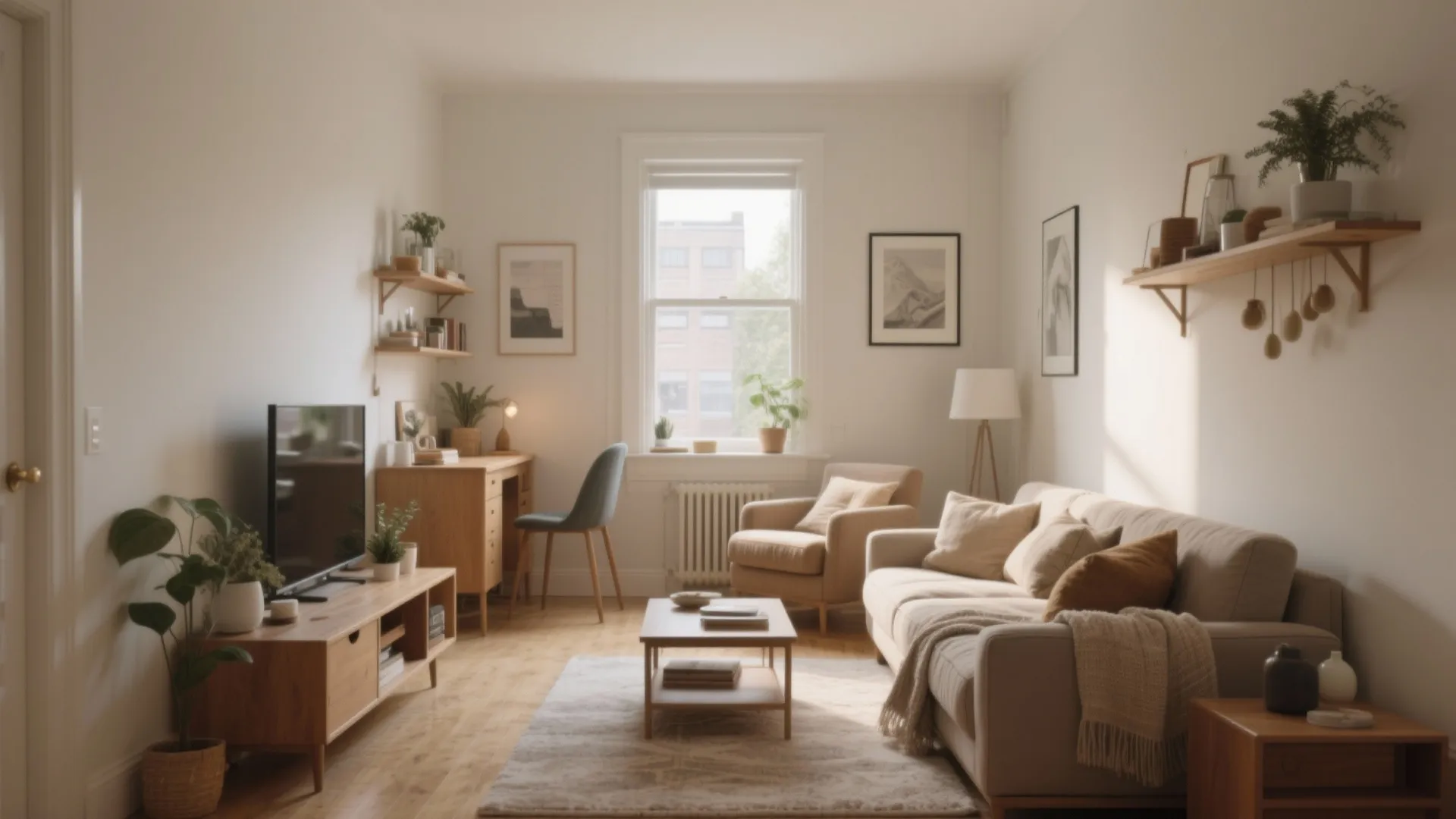 Bright small living room with cream sofa coffee table wooden TV cabinet and home office desk