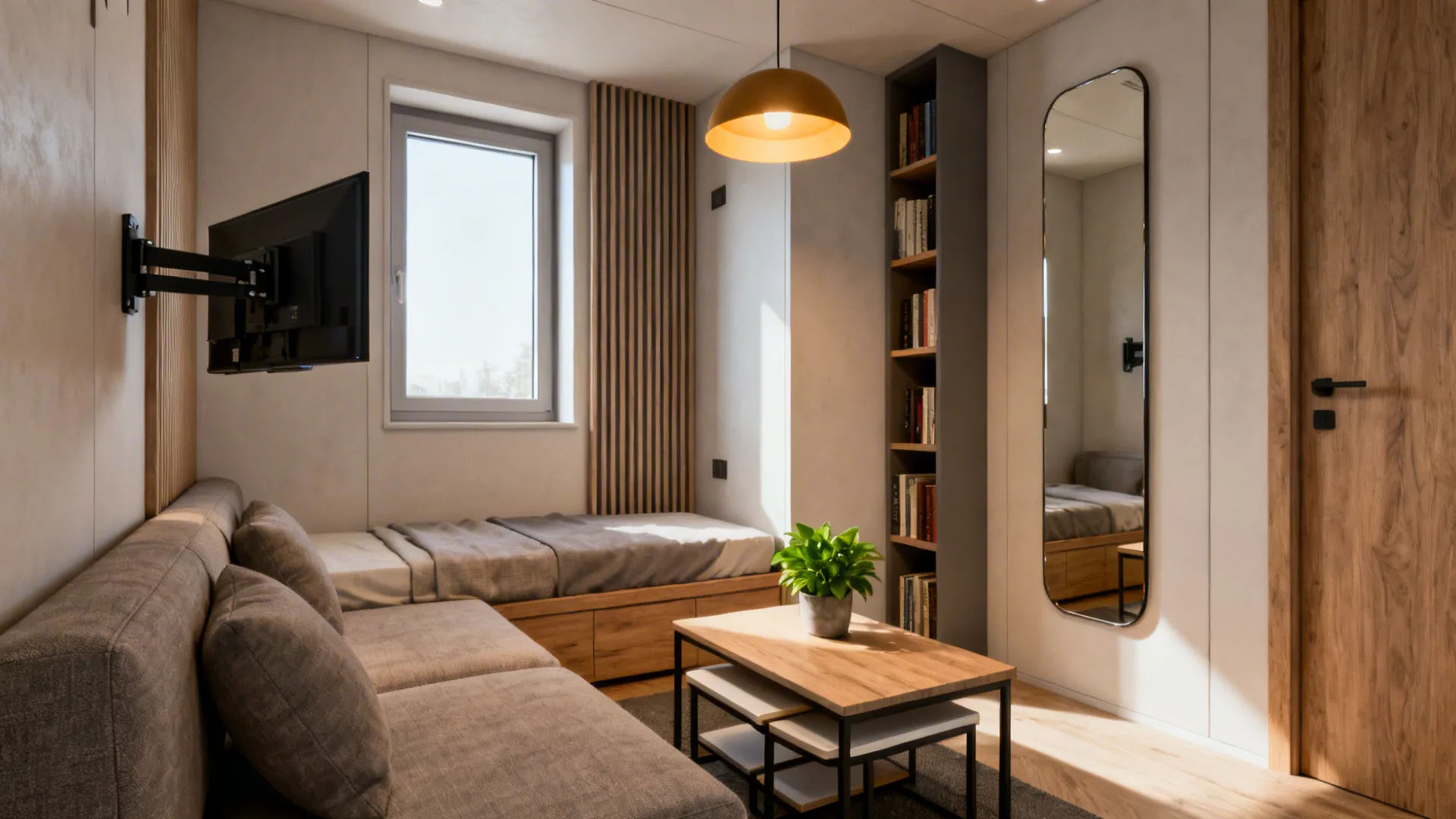 Modern small living room with grey sofa, wood table, bookshelf, mirror, and yellow ceiling light