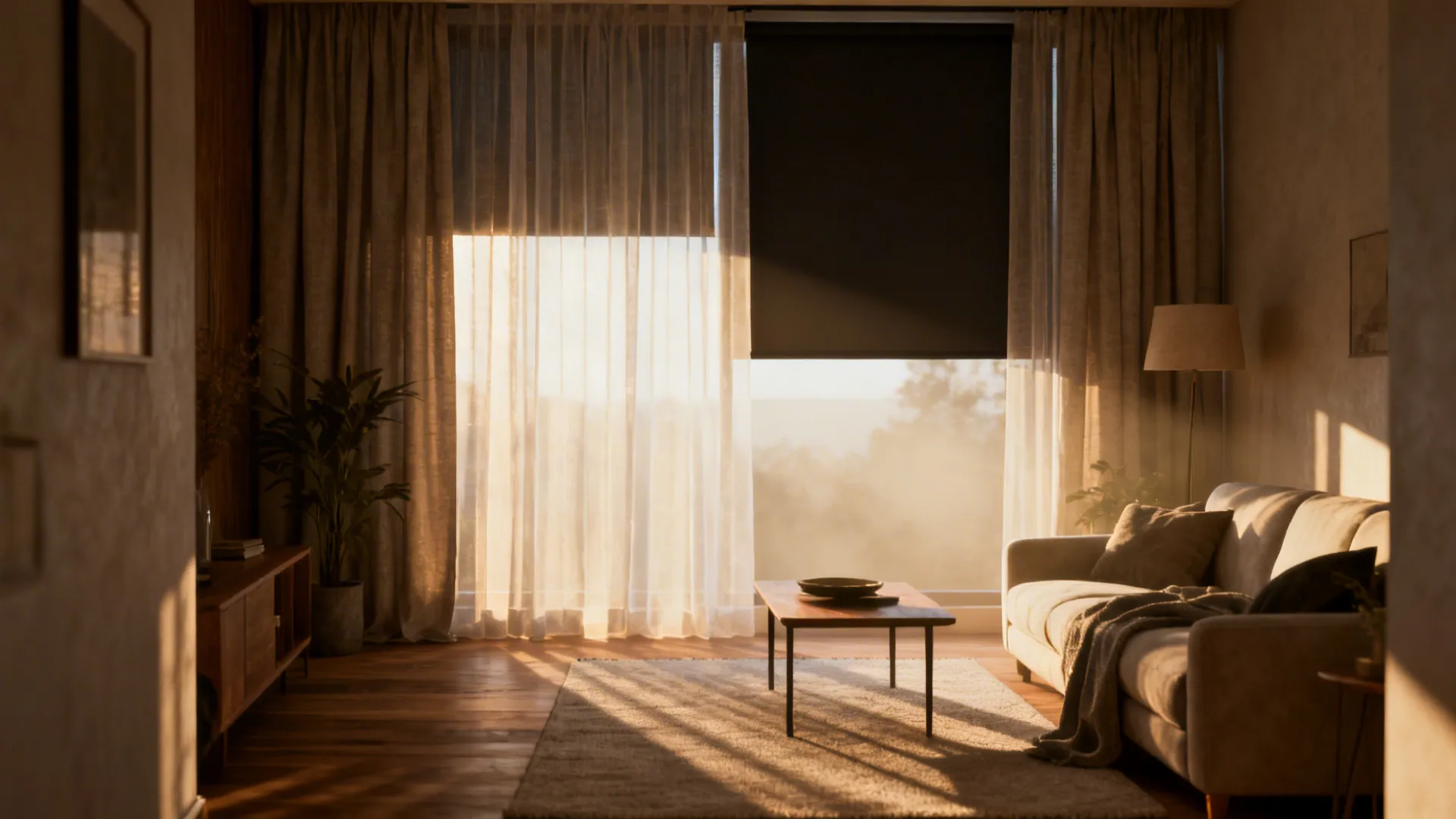 Cozy living room with beige sofa wooden coffee table and warm sunlight through thin white curtains