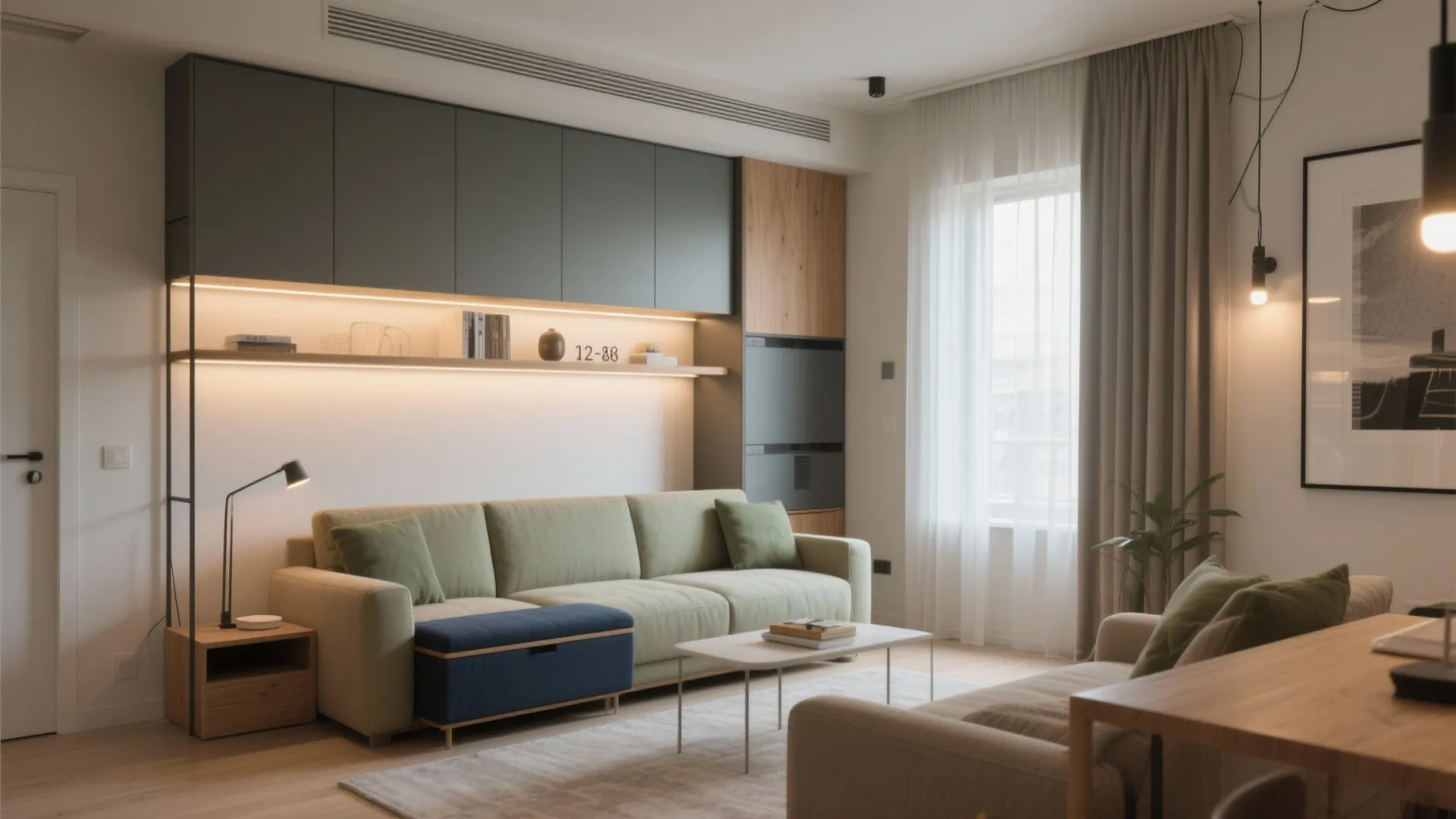 Modern living room with green sofa, grey storage cabinet, wall light, and wood table design