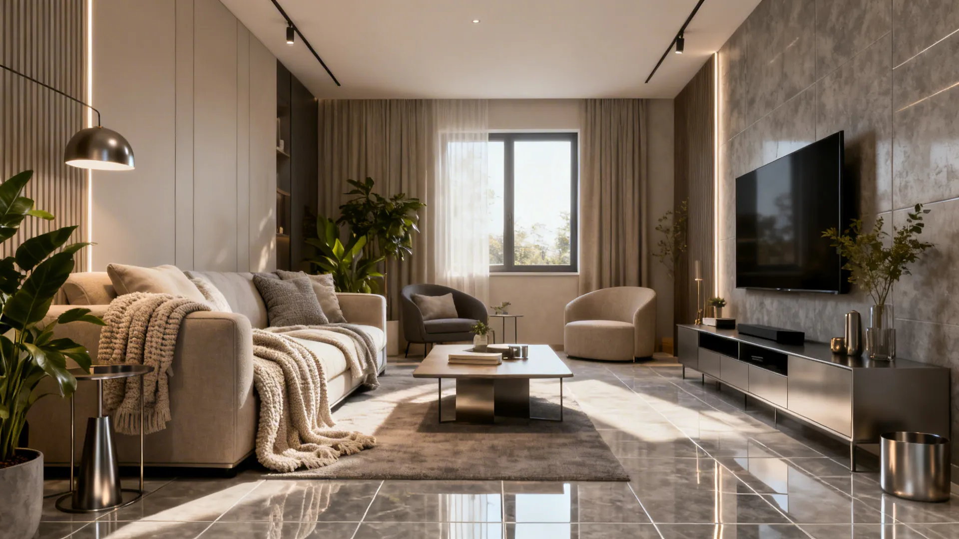 Modern living room with grey sofa shiny floor tiles wall mounted TV and warm light