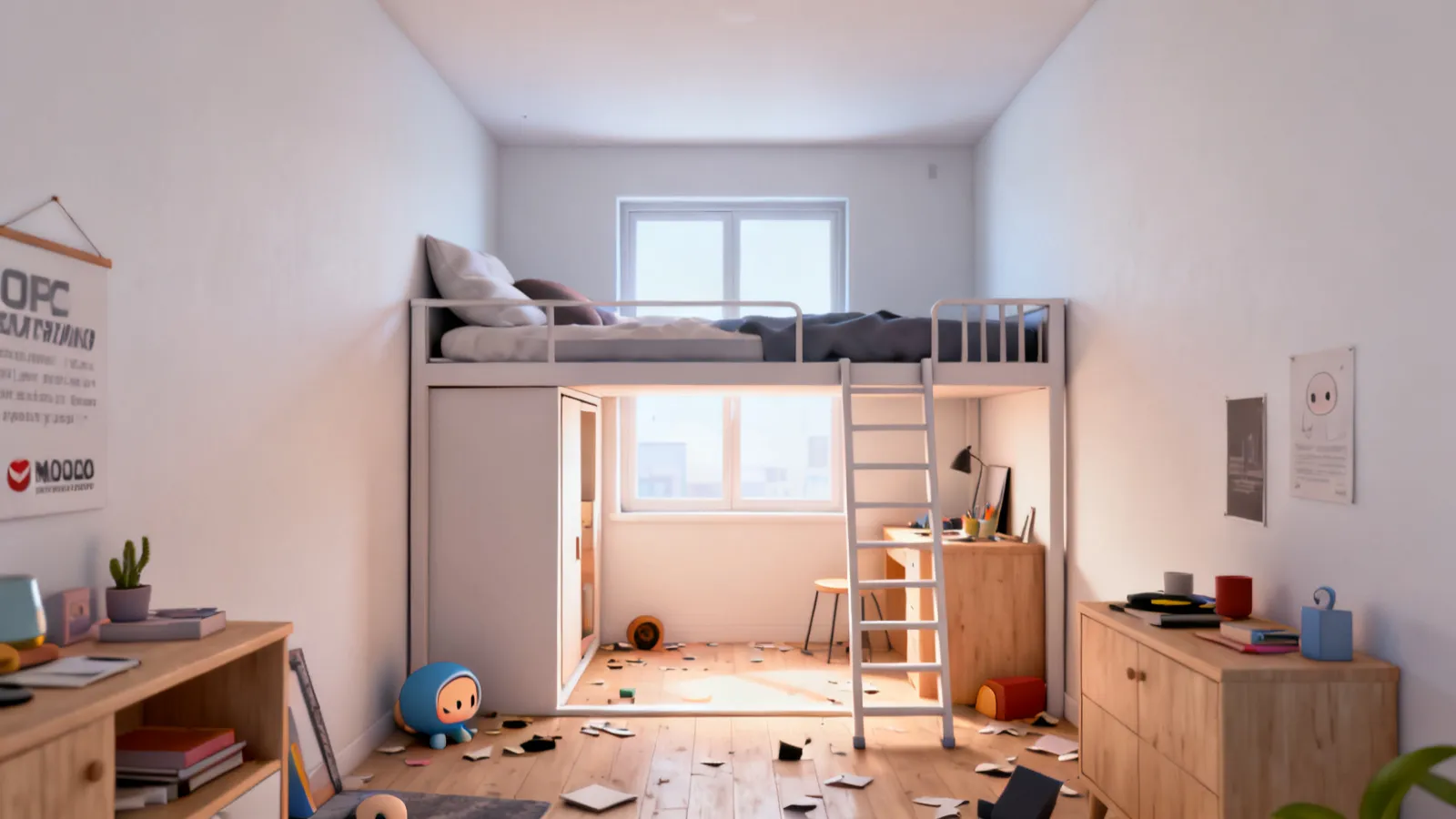 Compact loft bed setup in a small bedroom with low ceiling and open floor space