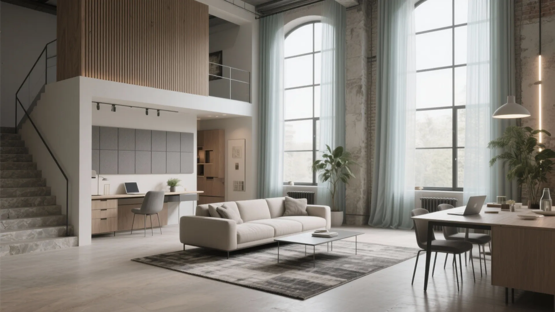 Modern industrial loft with white sofa high ceilings large windows blue curtains and home office