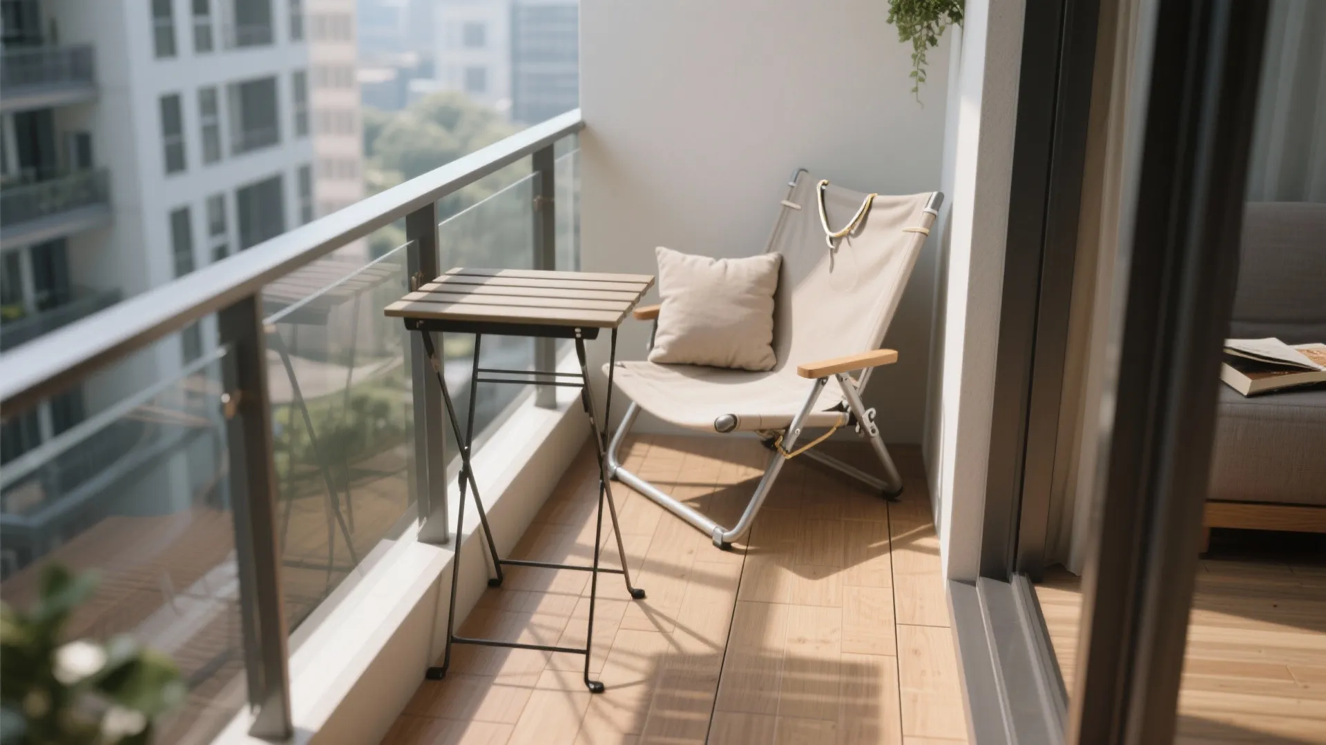 Small balcony with a folding chair pillow wooden table and glass railing overlooking city buildings