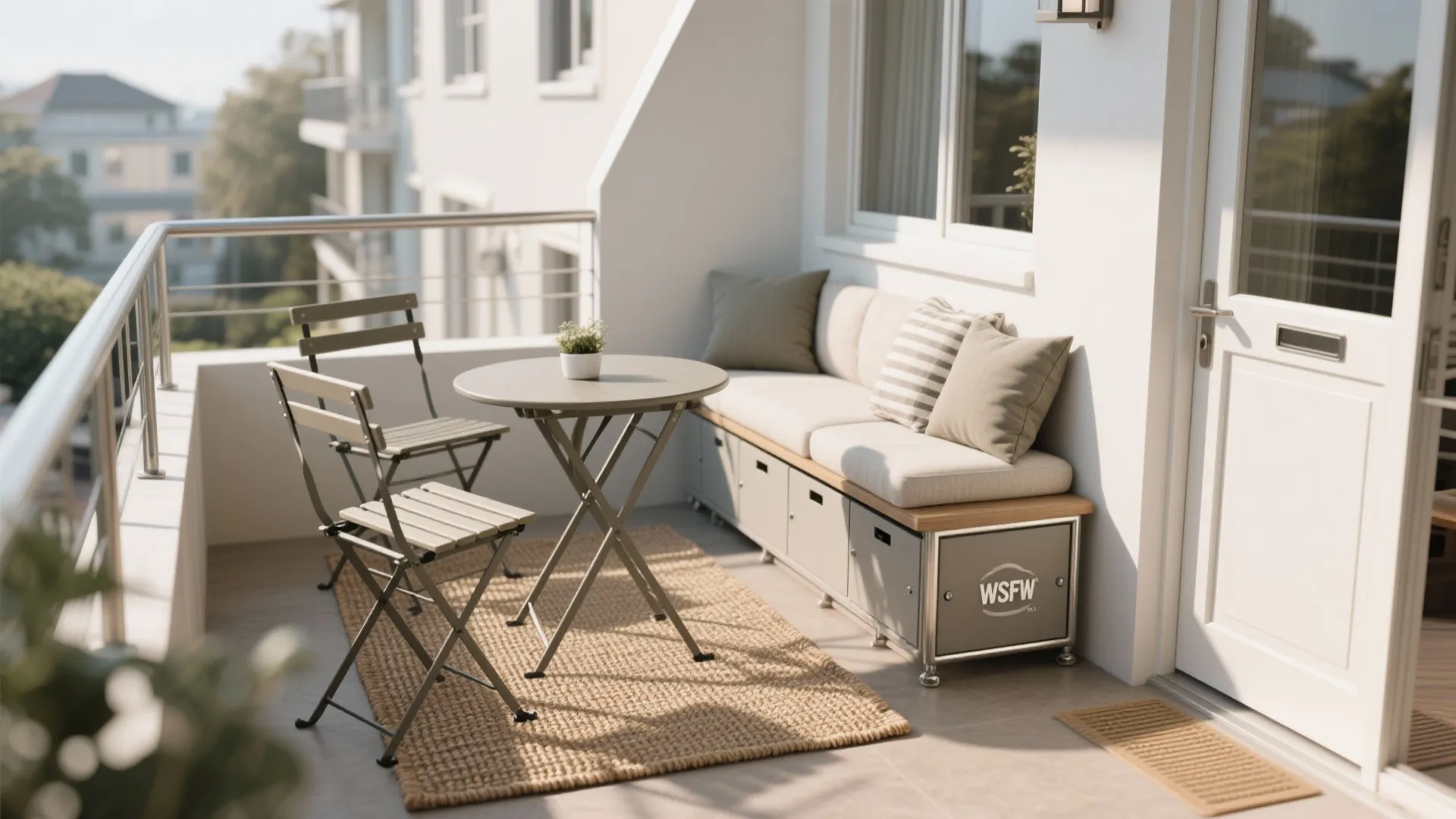 Small balcony set with folding metal table two chairs storage bench with cushions and rug
