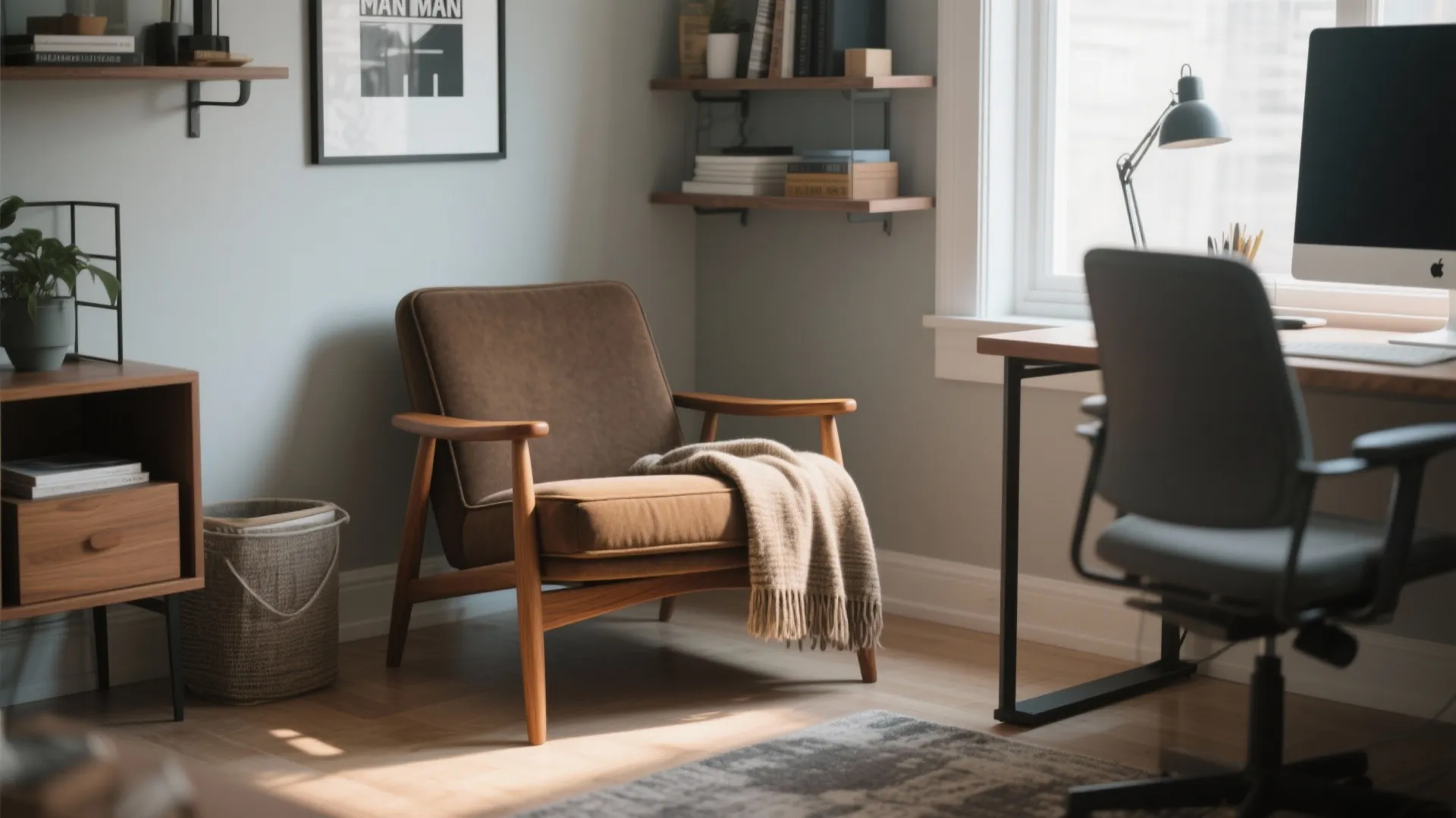 Compact mid-century lounge chair in a cozy office corner