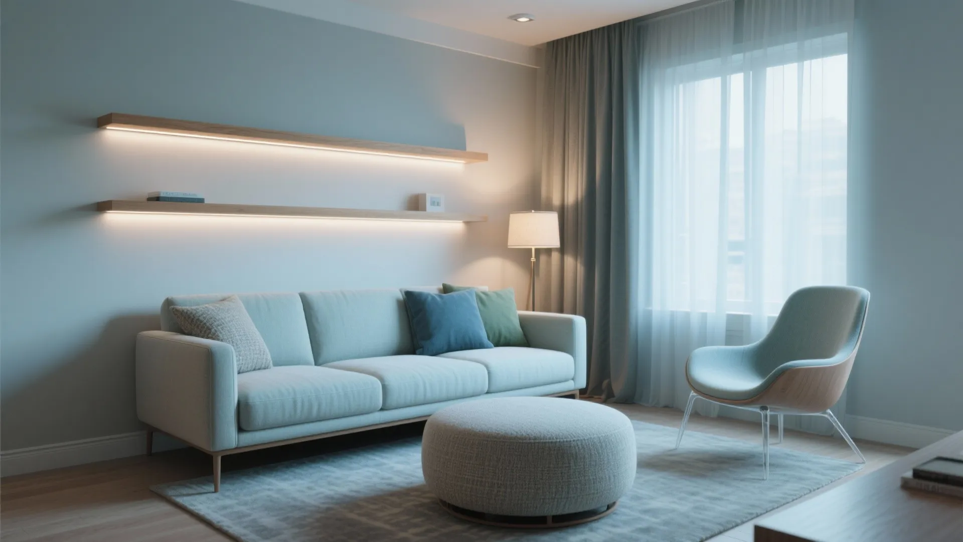 Modern living room with light grey sofa blue cushions footrest armchair and glowing wall shelves