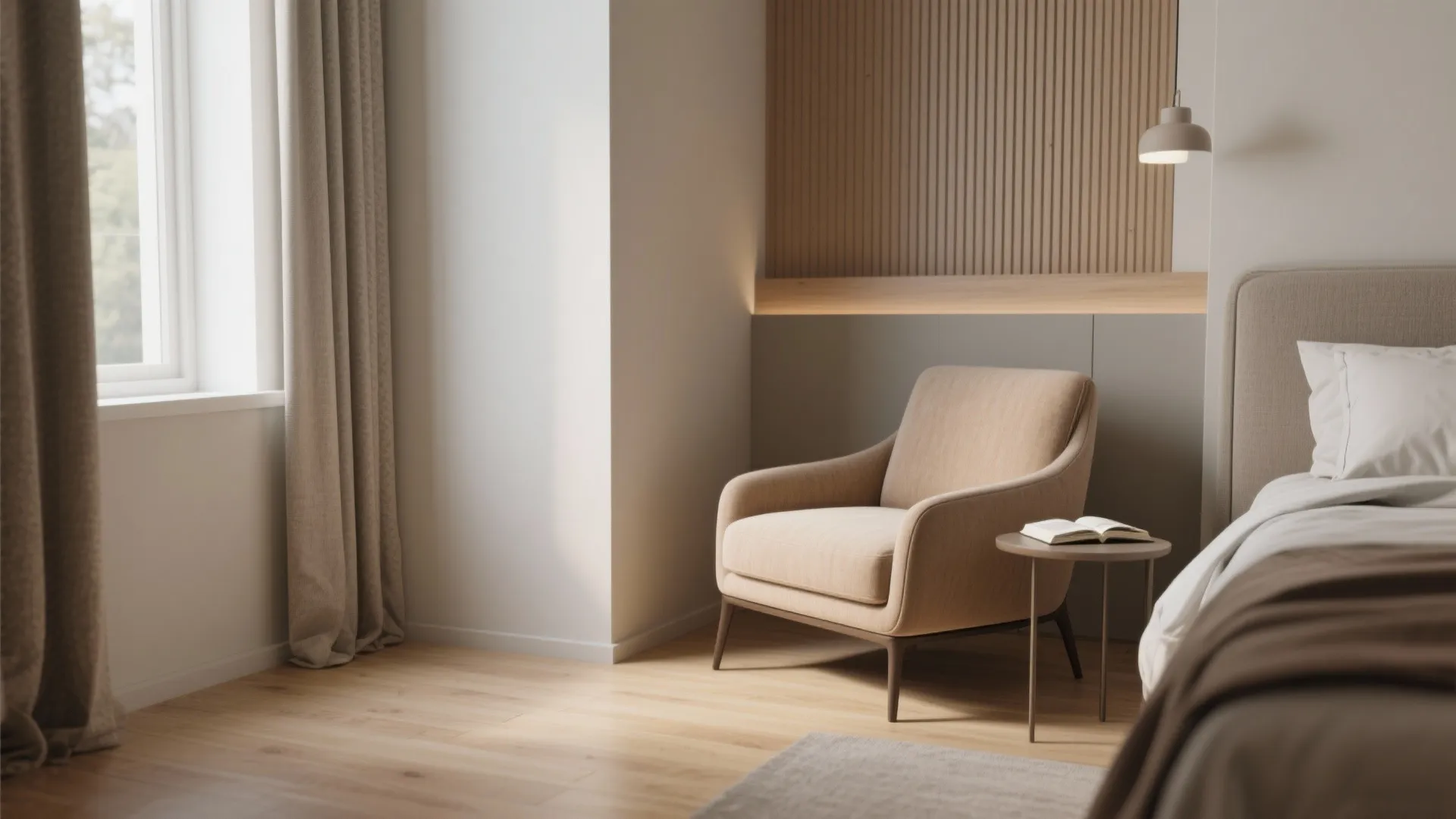 Cozy bedroom reading corner with beige armchair, small side table, wall light, and wood panels