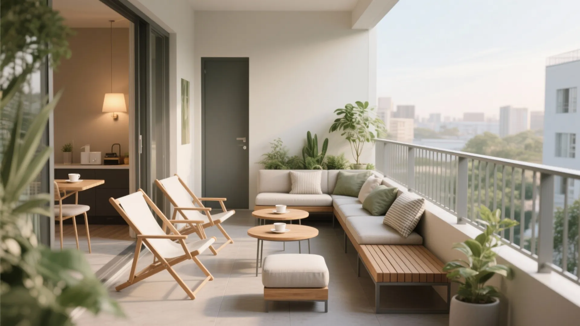 Compact lounge layout with nesting furniture