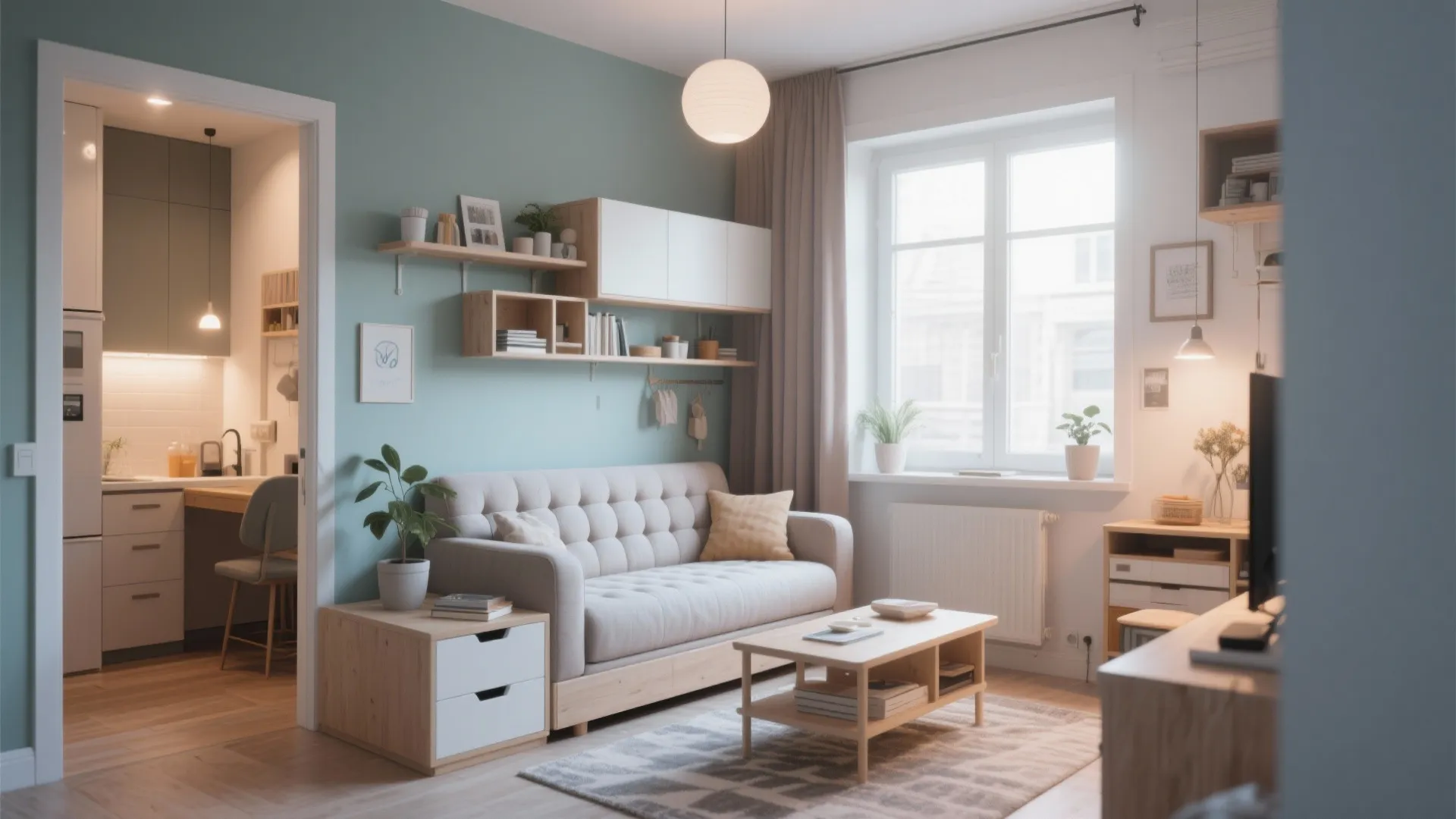 Compact tufted loveseat in a small studio living room