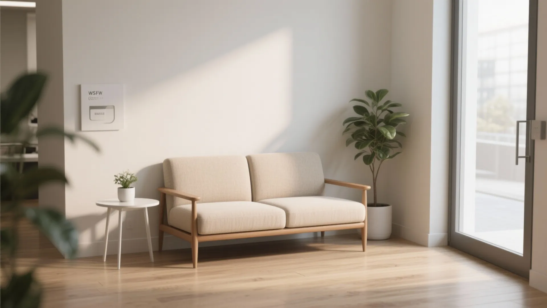 Small reception nook with a slim-profile compact loveseat on raised legs and a clear walking lane.
