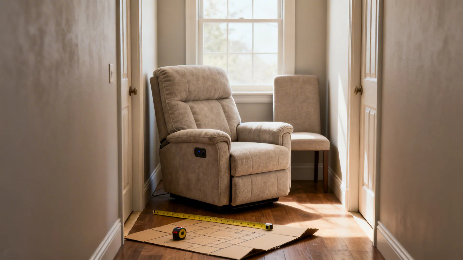 Narrow living room with a compact power-recliner loveseat and an armless chair, showing measuring mockup on floor.